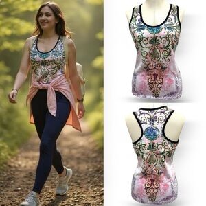 147 So Sporty |EUC | USA Boho Baroque Racerback White Green Tank Top (size S)
